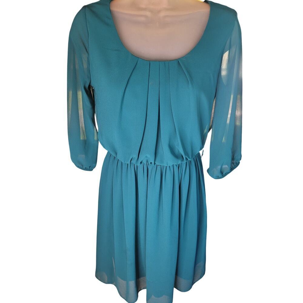 By‎ & By Green Dress Sheer Overlay With Lined Body Stretch Waist Sz S